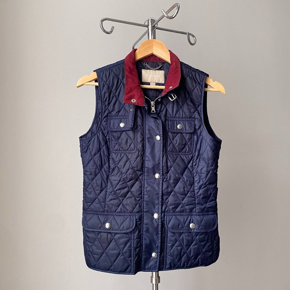 🍂 Banana Republic Navy Blue Quilted Burgundy Corduroy Collar Preppy Barn Vest
